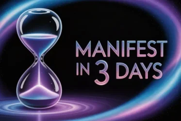 An elegant, faint hourglass positioned subtly in the background, made of translucent glass and glowing softly in violet-blue tones with text overlay "manifest in 3 days, symbolizing Neville Goddard manifesting in 3 days process