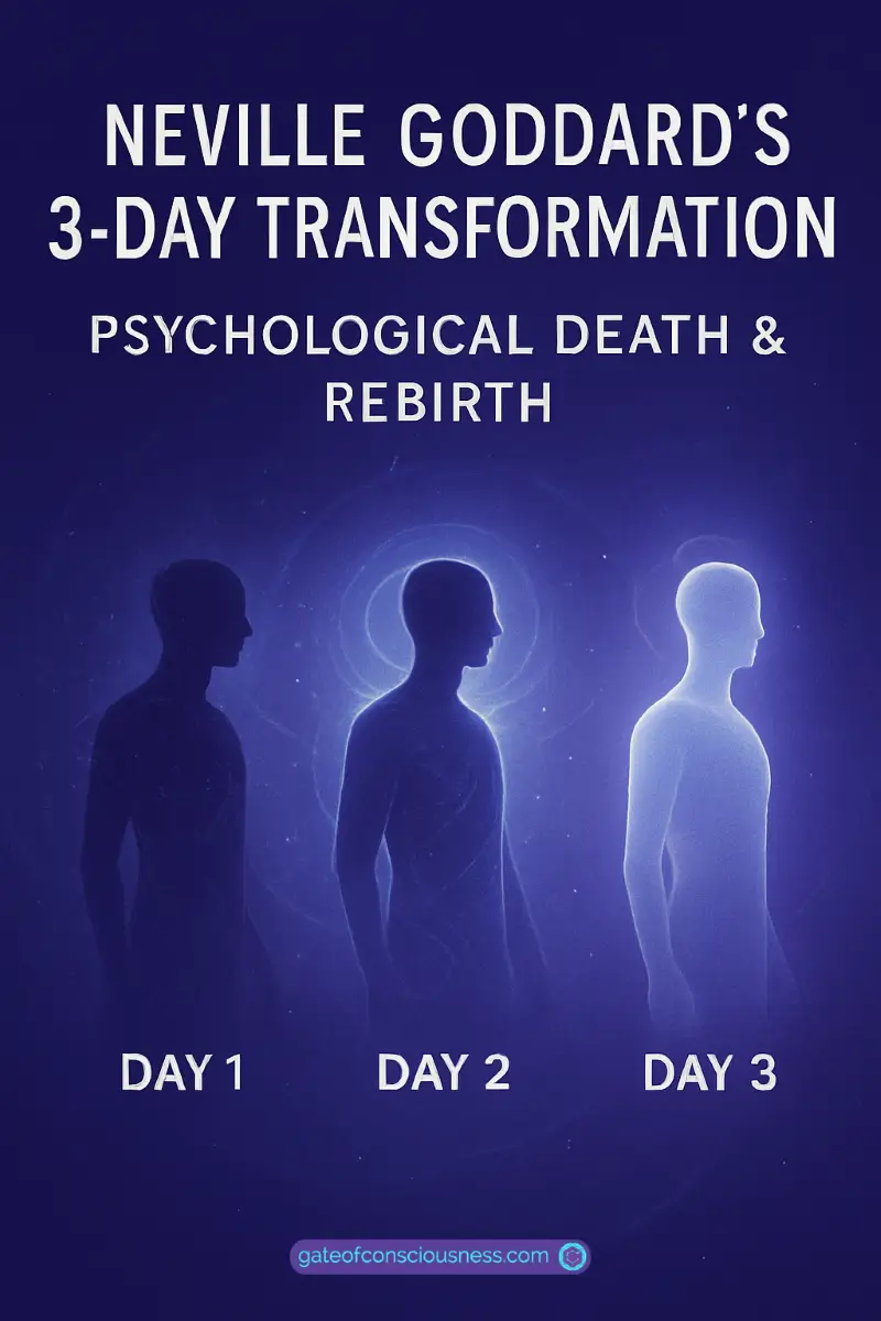 A central horizontal progression from left to right showing a single human silhouette evolving through three symbolic stages, symbolizing Neville Goddard's 3 day manifestation 