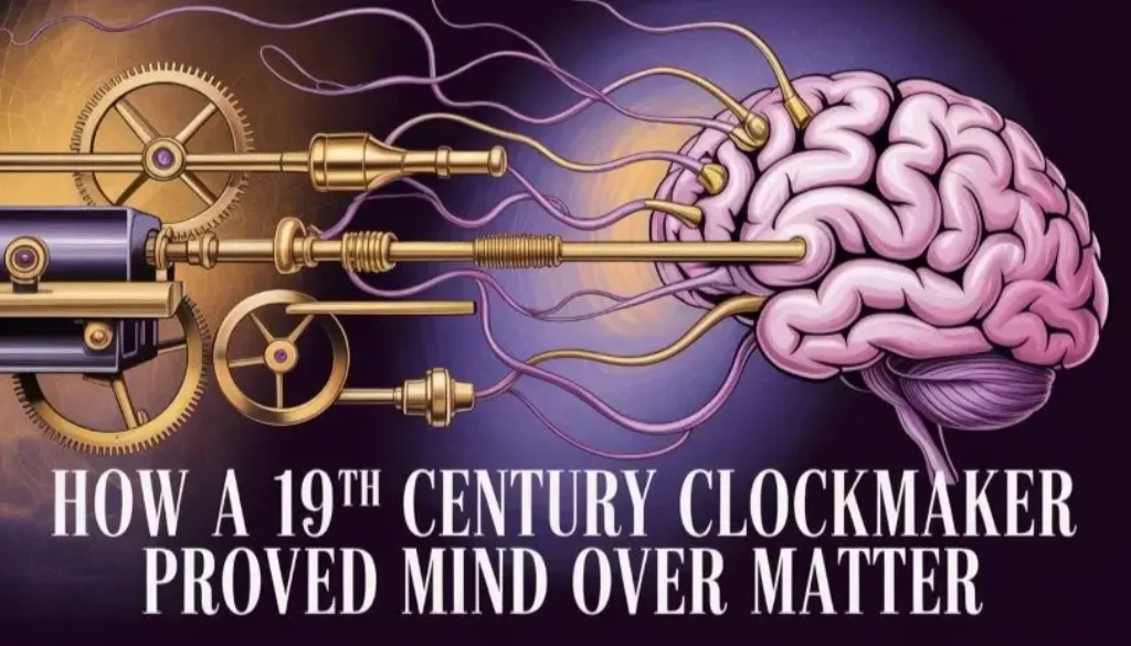 Vintage clockmaker tools, symbolizing Phineas Quimby's original profession, transitioning into brain imagery