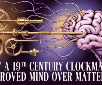 Vintage clockmaker tools, symbolizing Phineas Quimby's original profession, transitioning into brain imagery