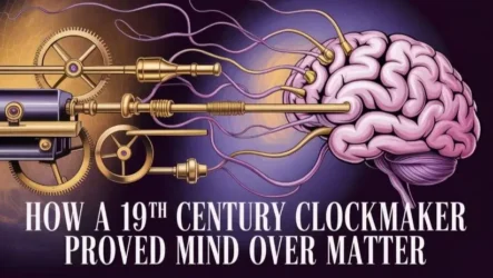 Vintage clockmaker tools, symbolizing Phineas Quimby's original profession, transitioning into brain imagery