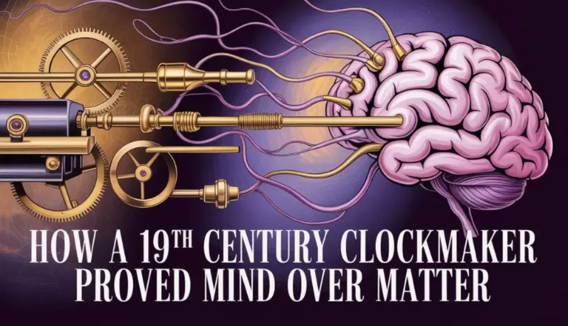 Vintage clockmaker tools, symbolizing Phineas Quimby's original profession, transitioning into brain imagery