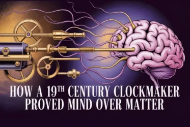 Vintage clockmaker tools, symbolizing Phineas Quimby's original profession, transitioning into brain imagery