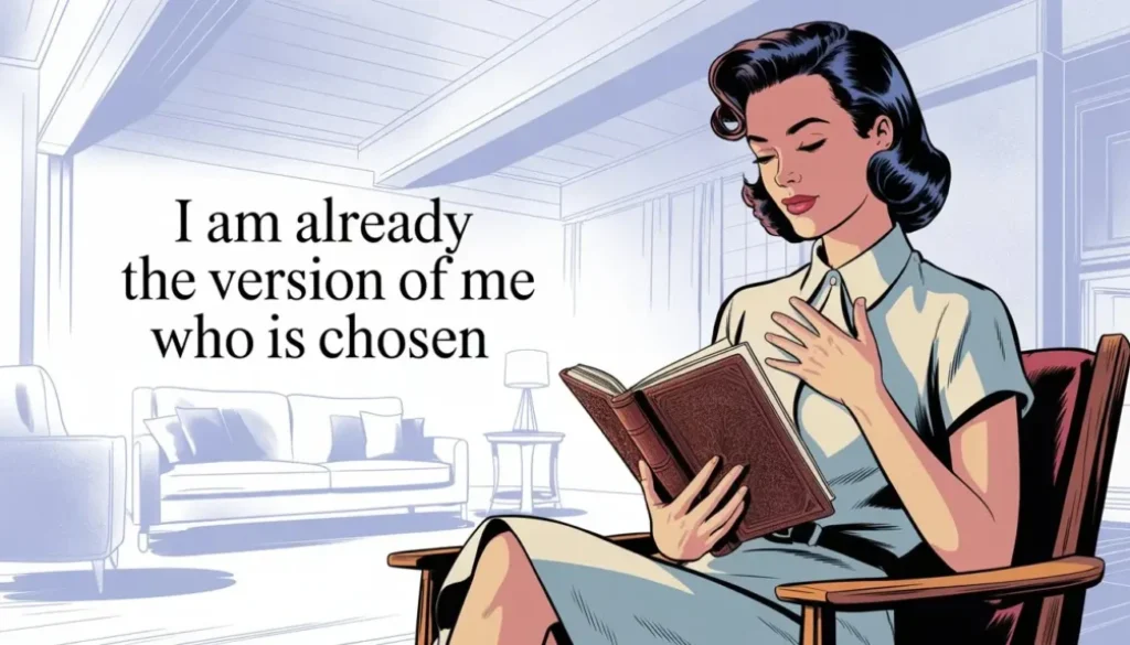 a woman seated comfortably in a softly lit, intimate space, posture relaxed and embodied, one hand resting over her heart, exemplifying manifesting marriage. Text overlay "I am already the version of me who is chosen."