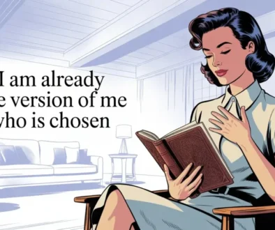 a woman seated comfortably in a softly lit, intimate space, posture relaxed and embodied, one hand resting over her heart, exemplifying manifesting marriage. Text overlay "I am already the version of me who is chosen."