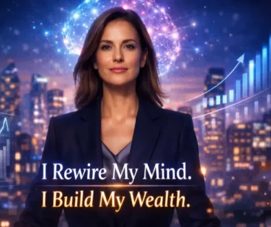 Empowered businesswoman with glowing neural network and rising stock charts in a blue and violet cityscape, symbolizing financial glow up manifestation and neuroscience-based wealth building. Text reads: “I Rewire My Mind. I Build My Wealth.”