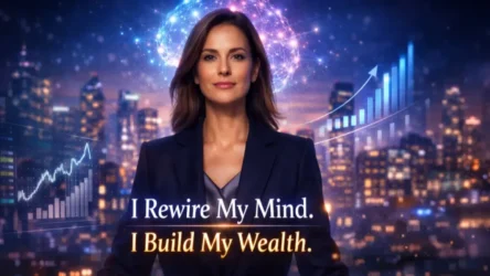 Empowered businesswoman with glowing neural network and rising stock charts in a blue and violet cityscape, symbolizing financial glow up manifestation and neuroscience-based wealth building. Text reads: “I Rewire My Mind. I Build My Wealth.”