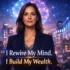 Empowered businesswoman with glowing neural network and rising stock charts in a blue and violet cityscape, symbolizing financial glow up manifestation and neuroscience-based wealth building. Text reads: “I Rewire My Mind. I Build My Wealth.”