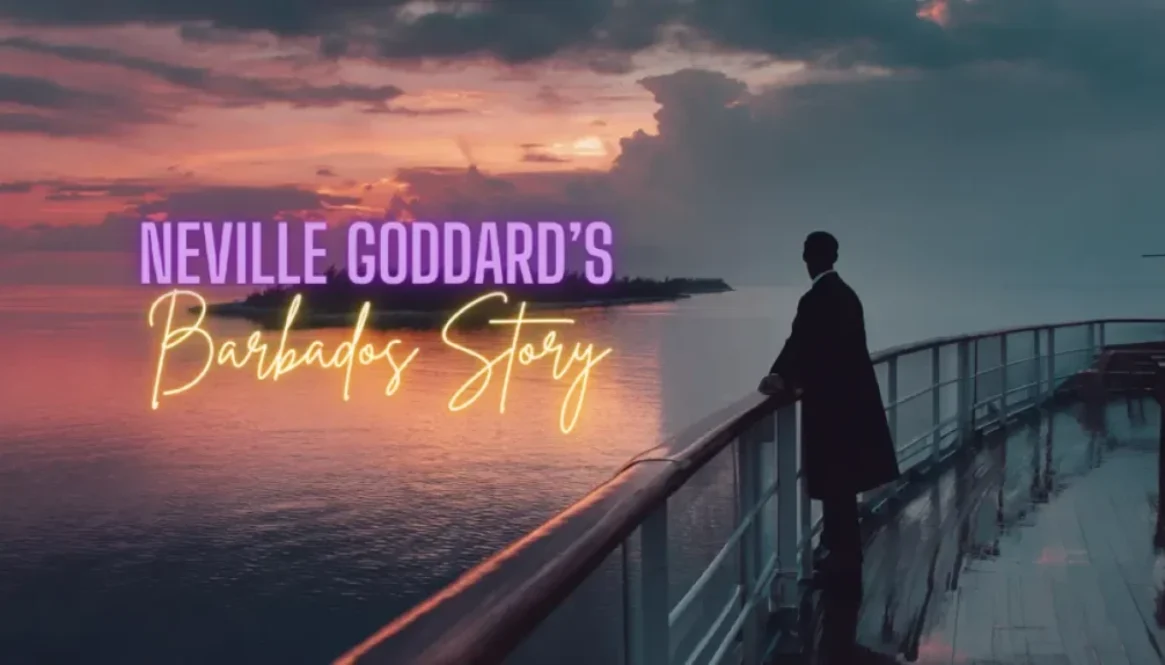 A lone man in 1940s clothing standing at the stern railing of an ocean liner, looking back at a lush tropical island in the warm golden-pink dusk. Text overlay: "Neville Goddard's Barbados Story."