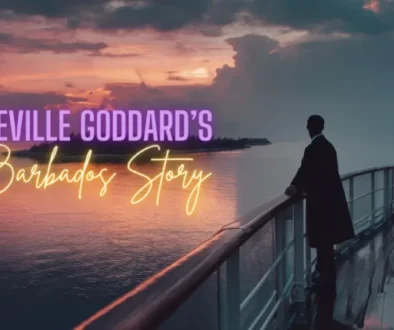 A lone man in 1940s clothing standing at the stern railing of an ocean liner, looking back at a lush tropical island in the warm golden-pink dusk. Text overlay: "Neville Goddard's Barbados Story."