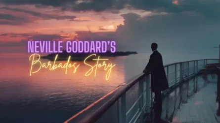 A lone man in 1940s clothing standing at the stern railing of an ocean liner, looking back at a lush tropical island in the warm golden-pink dusk. Text overlay: "Neville Goddard's Barbados Story."