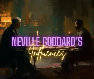 Two men in a dimly lit 1930s Harlem study, seated across from each other at a wooden table covered in open books and manuscripts. Text overlay "Neville Goddard's Influences."