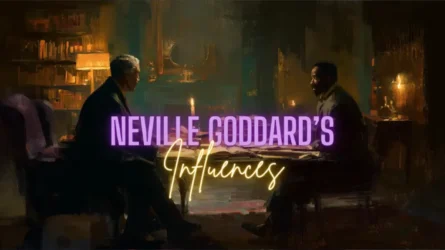 Two men in a dimly lit 1930s Harlem study, seated across from each other at a wooden table covered in open books and manuscripts. Text overlay "Neville Goddard's Influences."