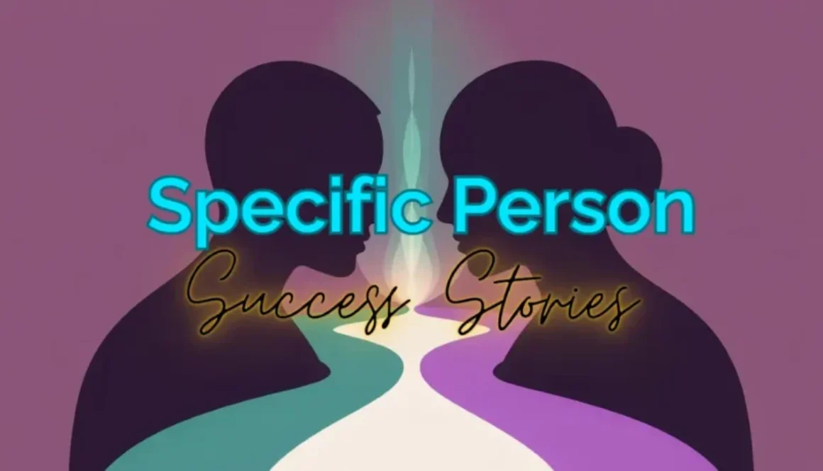 Two silhouettes facing each other across a softly glowing path of light, symbolizing connection and reunion - a specific person success story.