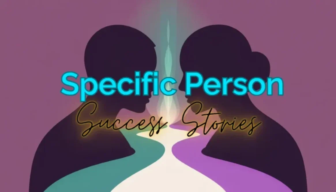 Two silhouettes facing each other across a softly glowing path of light, symbolizing connection and reunion - a specific person success story.