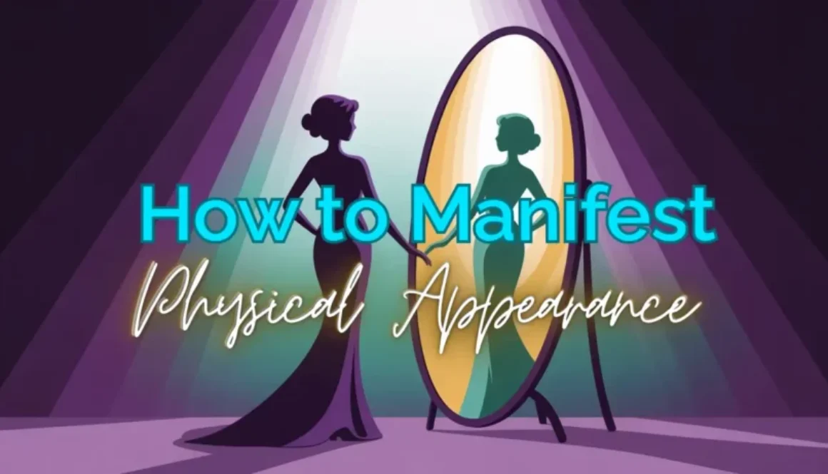 Manifest physical appearance: glowing woman silhouette facing her luminous reflection in a mirror, purple and teal spiritual illustration
