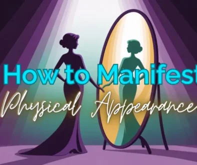 Manifest physical appearance: glowing woman silhouette facing her luminous reflection in a mirror, purple and teal spiritual illustration
