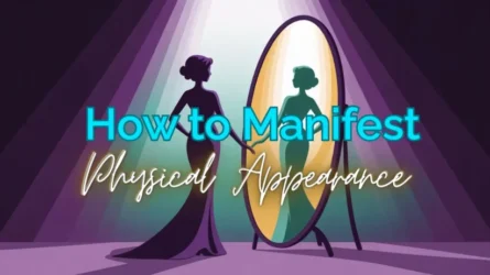 Manifest physical appearance: glowing woman silhouette facing her luminous reflection in a mirror, purple and teal spiritual illustration