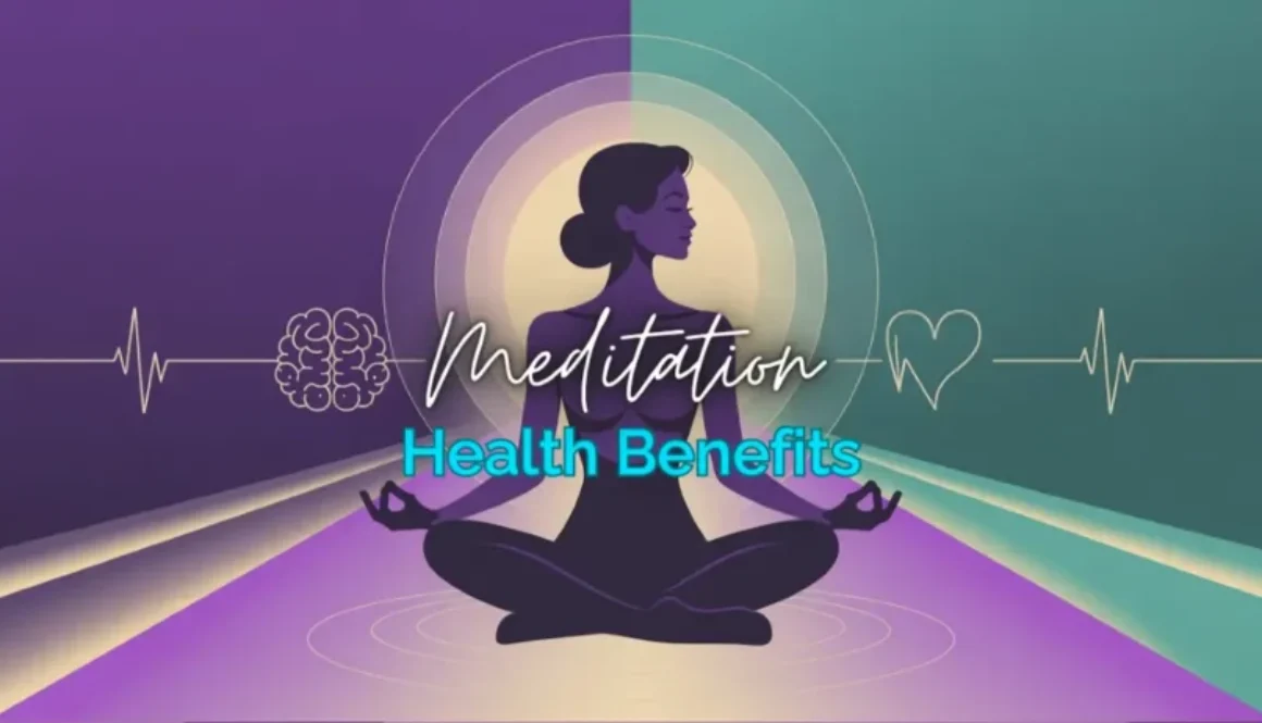 Meditating woman silhouette in gold on purple-to-teal gradient background with brain and heartbeat icons illustrating meditation health benefits