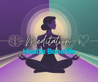 Meditating woman silhouette in gold on purple-to-teal gradient background with brain and heartbeat icons illustrating meditation health benefits