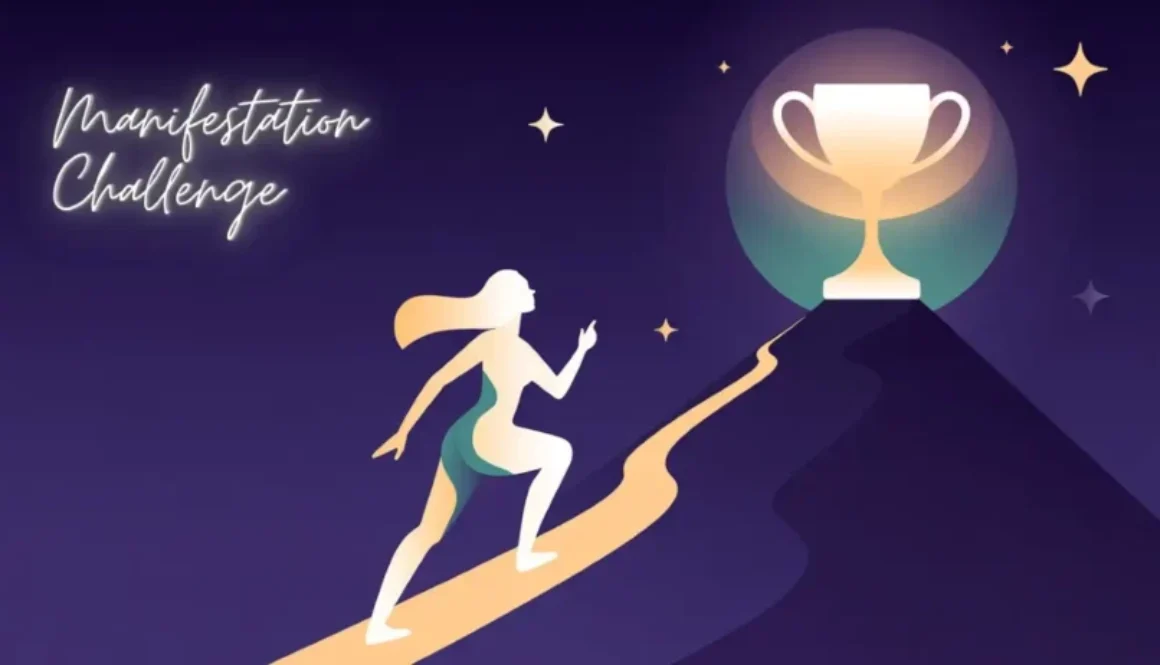 Stylized 2D silhouette of a woman climbing a steep uphill path toward a glowing mountain peak, symbolizing manifestation challenge