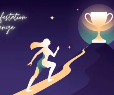 Stylized 2D silhouette of a woman climbing a steep uphill path toward a glowing mountain peak, symbolizing manifestation challenge