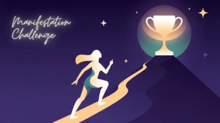 Stylized 2D silhouette of a woman climbing a steep uphill path toward a glowing mountain peak, symbolizing manifestation challenge