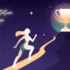 Stylized 2D silhouette of a woman climbing a steep uphill path toward a glowing mountain peak, symbolizing manifestation challenge