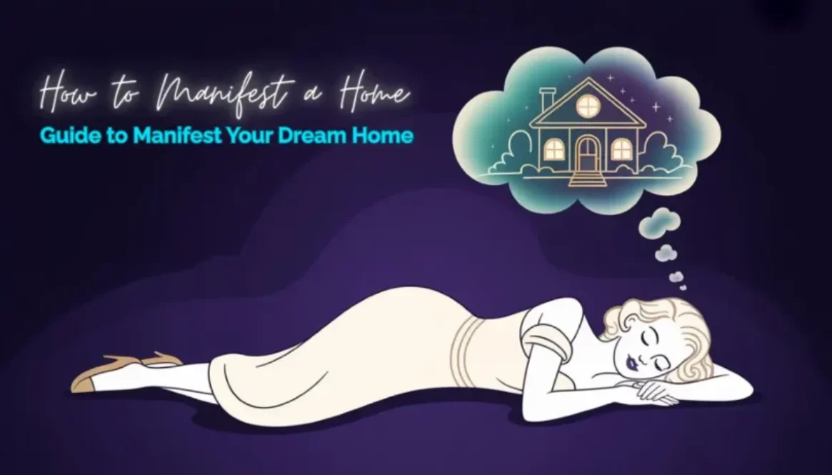 Woman in a 50s style sleeping. There's a thinking cloud with a home above her head, symbolizing manifesting home.