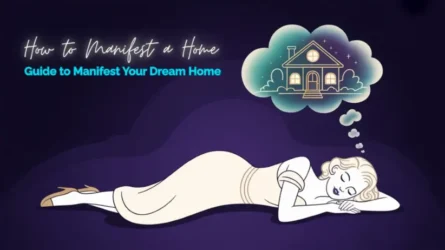 Woman in a 50s style sleeping. There's a thinking cloud with a home above her head, symbolizing manifesting home.