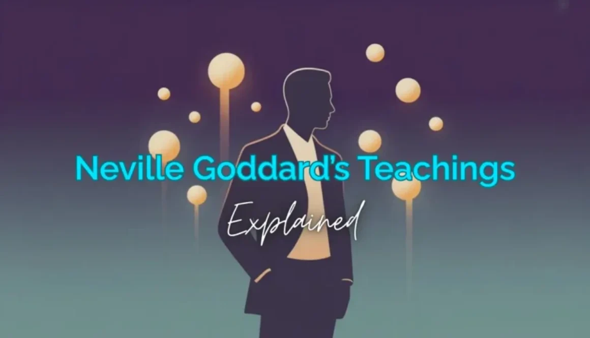 Minimalist illustration of a 1950s silhouette surrounded by golden orbs representing Neville Goddard teachings on a deep purple background.