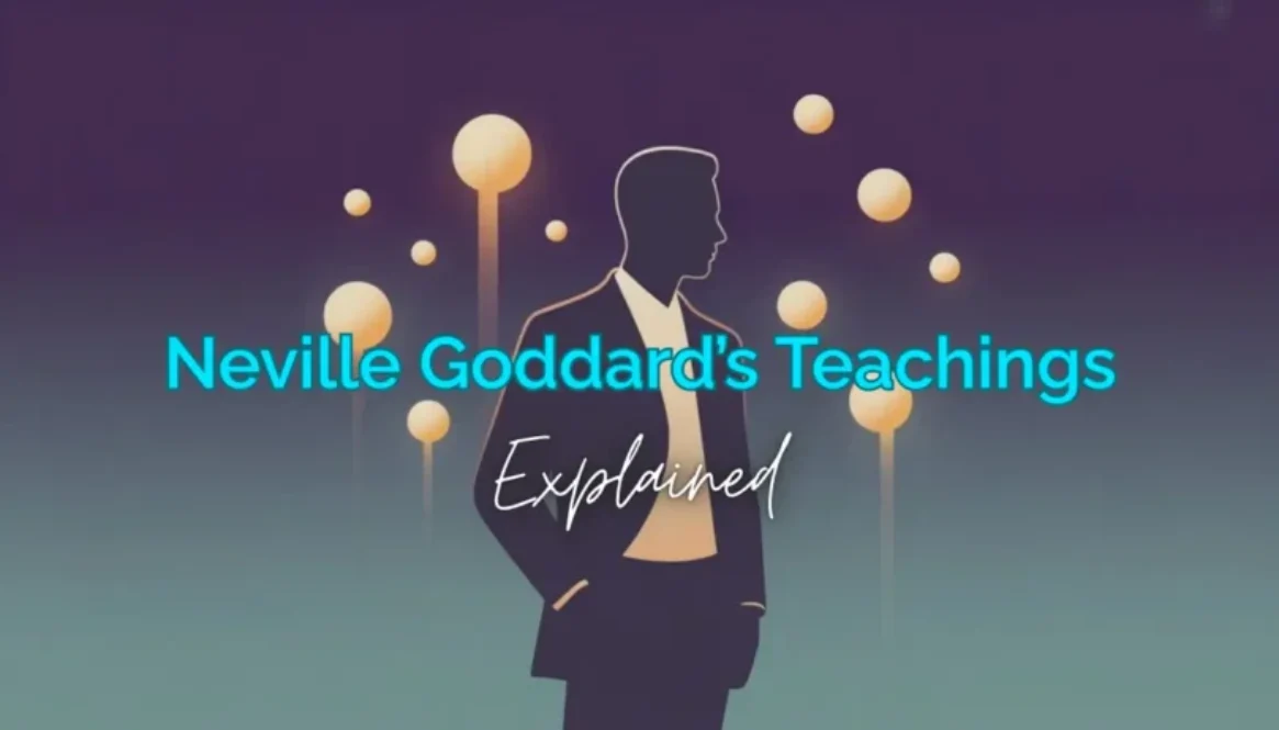 Minimalist illustration of a 1950s silhouette surrounded by golden orbs representing Neville Goddard teachings on a deep purple background.
