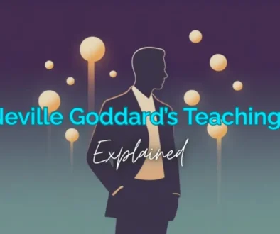 Minimalist illustration of a 1950s silhouette surrounded by golden orbs representing Neville Goddard teachings on a deep purple background.