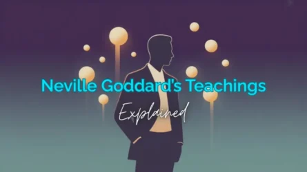 Minimalist illustration of a 1950s silhouette surrounded by golden orbs representing Neville Goddard teachings on a deep purple background.