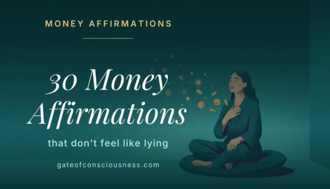 Woman with her hand on her heart as gold coins rise from her words, 30 money affirmations that don't feel like lying