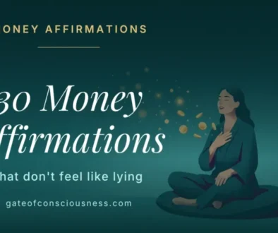 Woman with her hand on her heart as gold coins rise from her words, 30 money affirmations that don't feel like lying