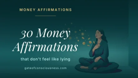 Woman with her hand on her heart as gold coins rise from her words, 30 money affirmations that don't feel like lying