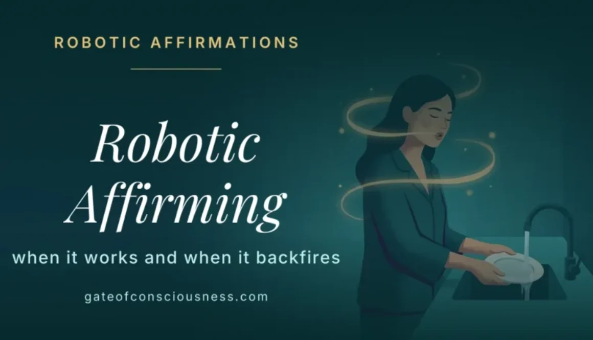 Woman washing dishes with her eyes closed, a gold loop of light circling her as she repeats a robotic affirmation