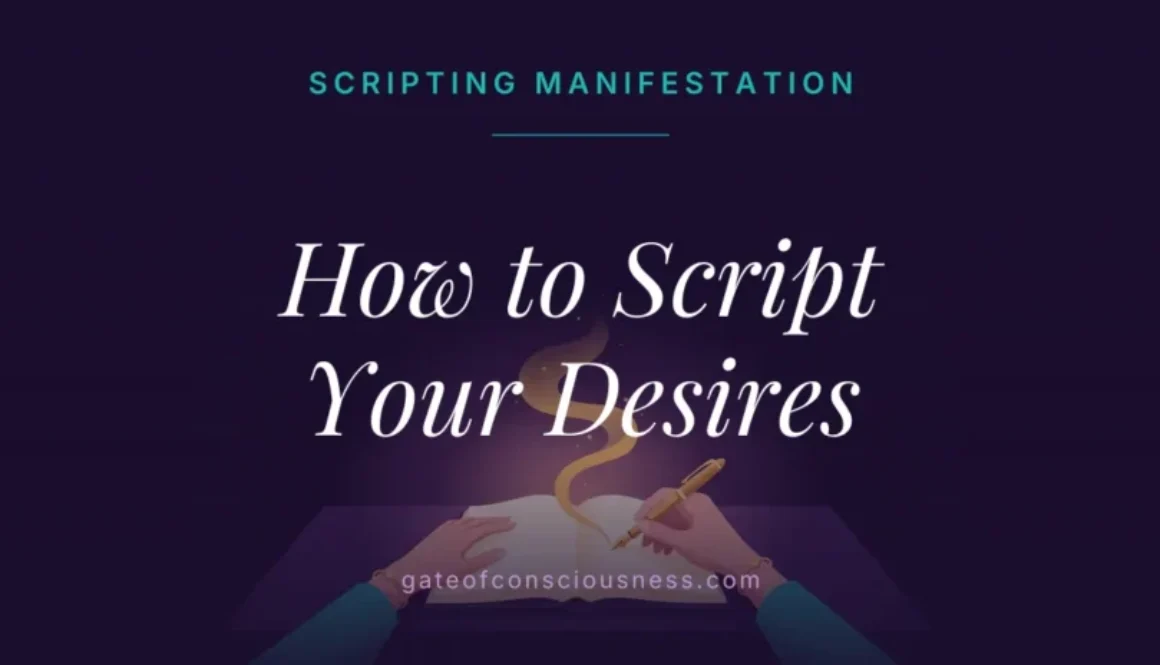 Hands writing in an open journal with a gold ribbon rising from the page, scripting manifestation